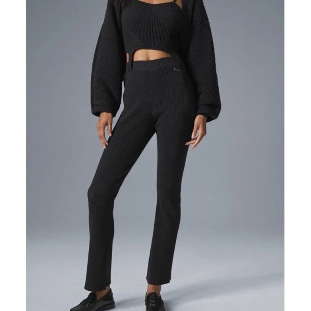 ALO Yoga Denim Knit High Waist Flare Pants Black XS Y2K Foldover Yoga Athleisure